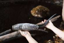 Load image into Gallery viewer, Handcrafted Drinking Horn Ravens Viking Ship | OnlyViking: Ravens 14-18 inches / Metal Stand