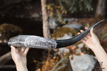 Load image into Gallery viewer, Handcrafted Drinking Horn Ravens Viking Ship | OnlyViking: Ravens 14-18 inches / Metal Stand