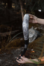 Load image into Gallery viewer, Handcrafted Drinking Horn Ravens Viking Ship | OnlyViking: Ravens 14-18 inches / Metal Stand
