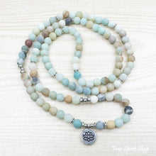 Load image into Gallery viewer, 108 Amazonite Mala Bead Bracelet: Lotus charm
