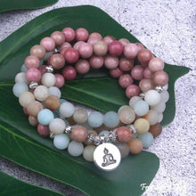 Load image into Gallery viewer, 108 Rhodonite &amp; Amazonite Mala Bead Bracelet: Ohm charm
