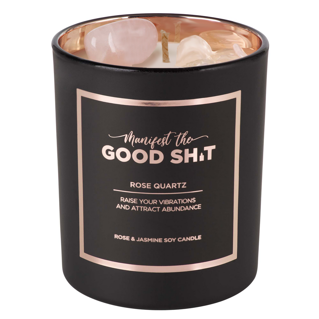 Manifest The Good Shit - Rose Quartz Crystal Candle: Tumbled Stone