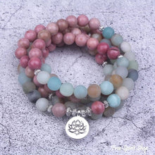 Load image into Gallery viewer, 108 Rhodonite &amp; Amazonite Mala Bead Bracelet: Ohm charm
