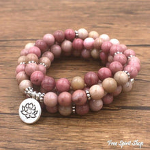 Load image into Gallery viewer, 108 Rhodonite Mala Bead Bracelet: Ohm charm
