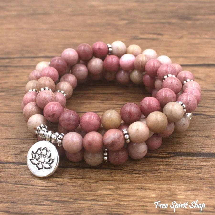 108 Rhodonite Mala Bead Bracelet: Ohm charm