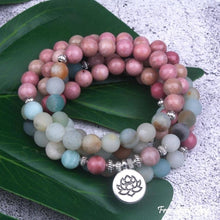 Load image into Gallery viewer, 108 Rhodonite &amp; Amazonite Mala Bead Bracelet: Ohm charm
