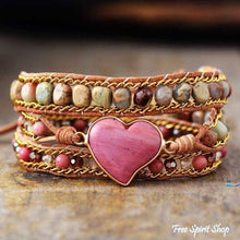 Load image into Gallery viewer, Rhodonite &amp; Jasper Heart Wrap Bracelet, Boho Beaded Strap

