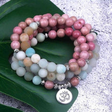 Load image into Gallery viewer, 108 Rhodonite &amp; Amazonite Mala Bead Bracelet: Ohm charm
