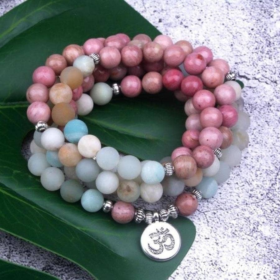 108 Rhodonite & Amazonite Mala Bead Bracelet: Ohm charm