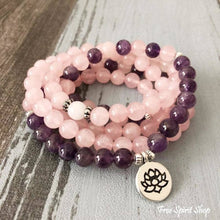 Load image into Gallery viewer, 108 Amethyst &amp; Rose Quartz Mala Bead Bracelet: Buddha charm

