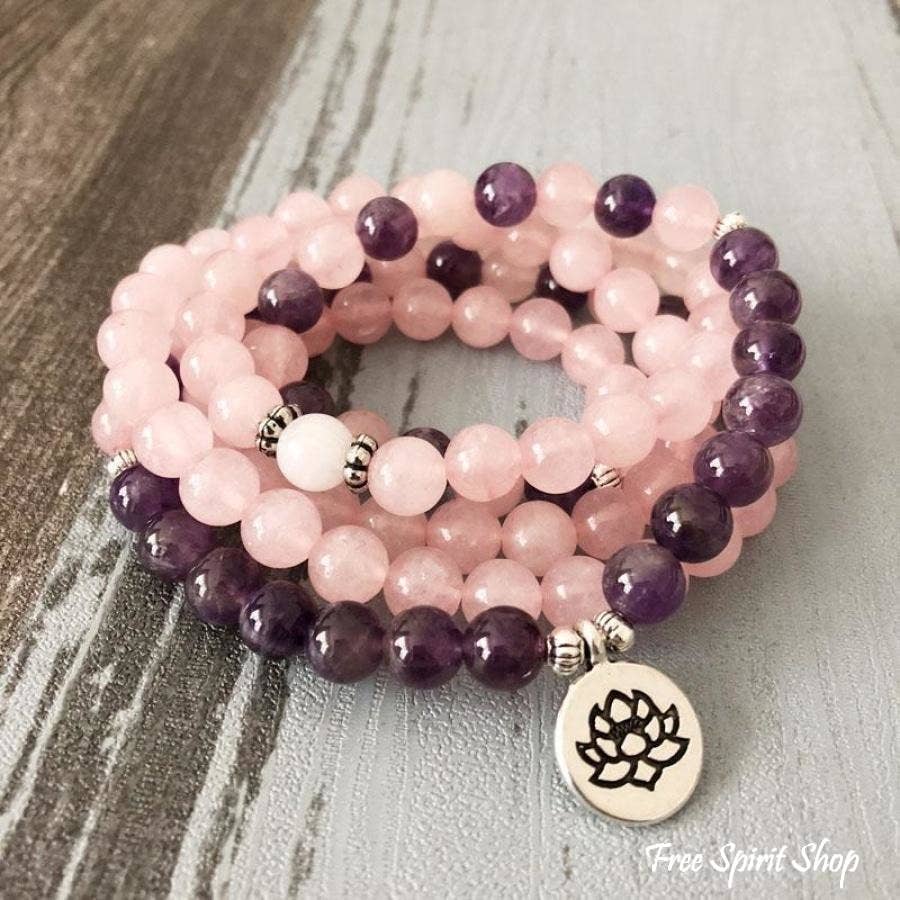 108 Amethyst & Rose Quartz Mala Bead Bracelet: Buddha charm