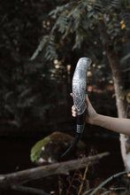 Load image into Gallery viewer, Handcrafted Drinking Horn Ravens Viking Ship | OnlyViking: Ravens 14-18 inches / Metal Stand
