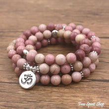 Load image into Gallery viewer, 108 Rhodonite Mala Bead Bracelet: Ohm charm
