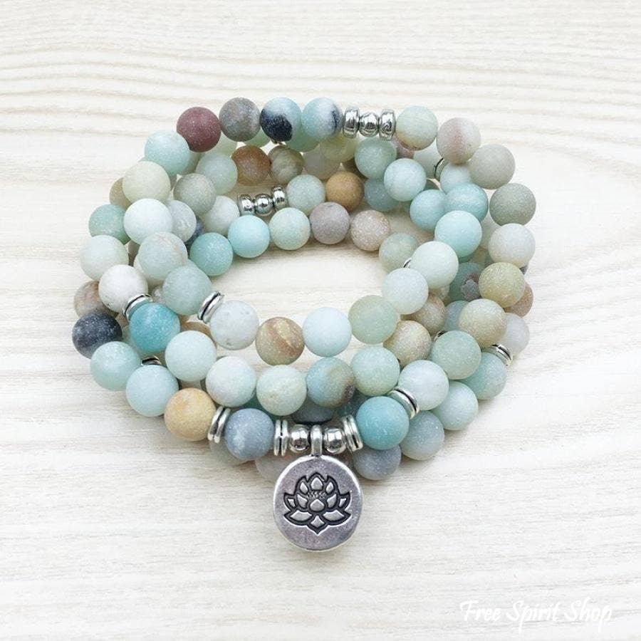 108 Amazonite Mala Bead Bracelet: Lotus charm