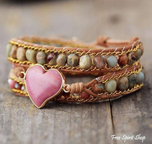 Load image into Gallery viewer, Rhodonite &amp; Jasper Heart Wrap Bracelet, Boho Beaded Strap
